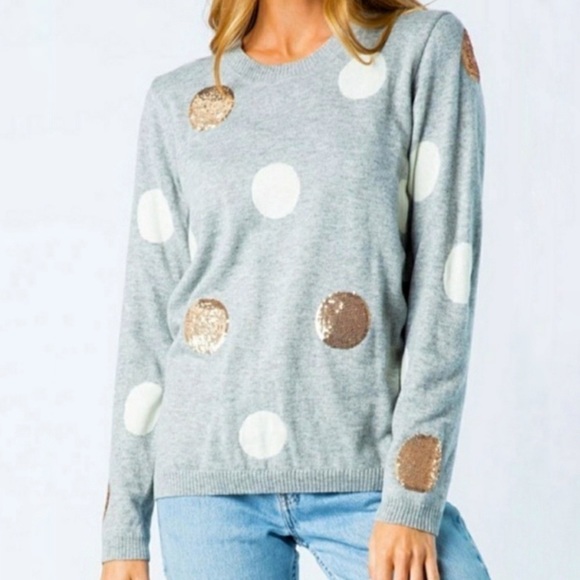Cozy Casual Sweaters - 🎉Hp🎉COZY CASUAL ADELINE Gray Sequin Bronze & White Polka Dot Sweater